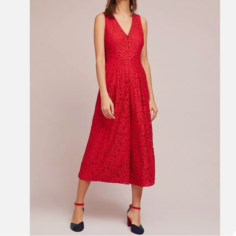 Moulinette Soeurs Anthropologie Jaeda Red Lace Wide Leg Jumpsuit